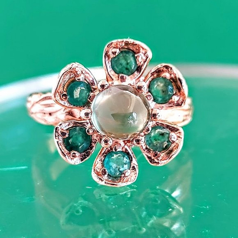NATURAL GREEN PREHNITE & EMERALD STERLING 925 SILVER FLOWER RING SIZE 7.25